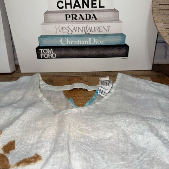 Chico's Scenic Ocean 100% Linen Caftan Blouse Top Beachy Tropical Poncho L/XL - Picture 7 of 10